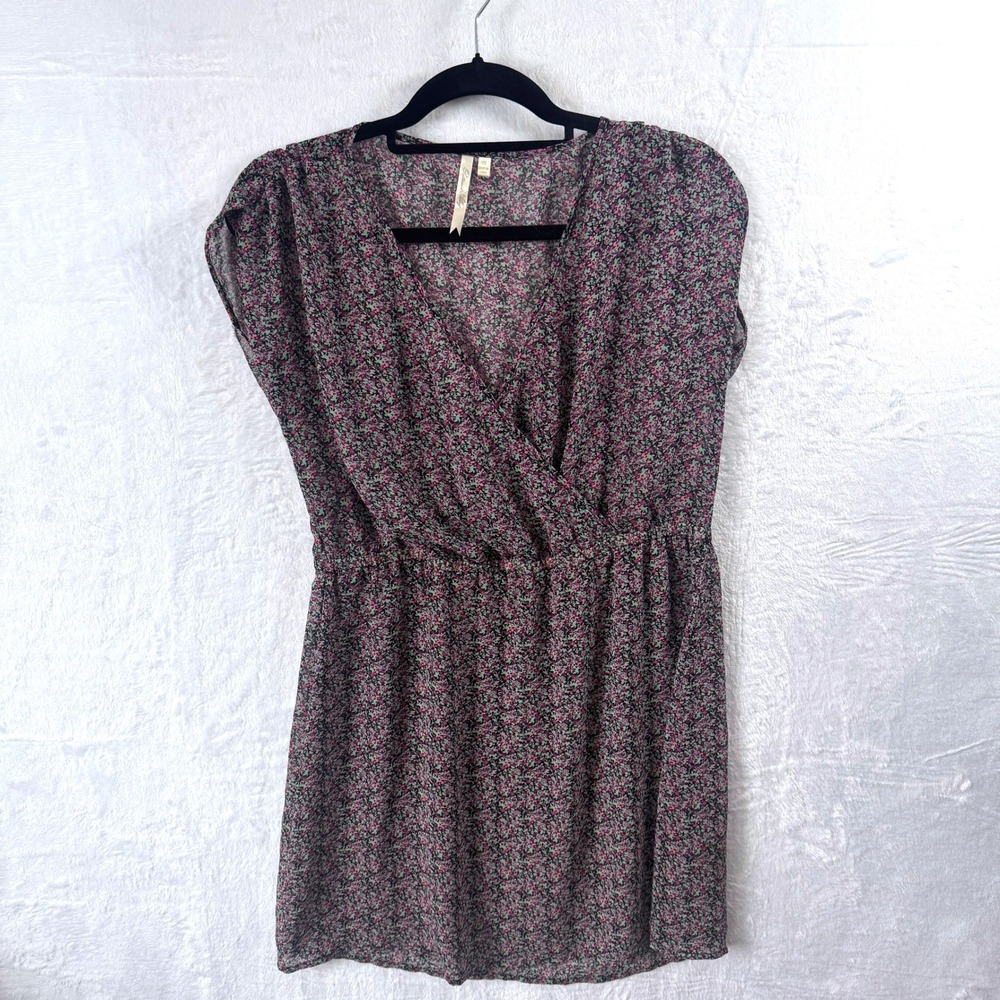PETTICOAT ALLEY Floral Print Mini Dress‎ Womens XS Black Pink Green V Neck